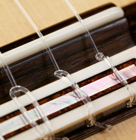 The bridge, tie-block and saddle of a 2016 Bernd Martin "40th Anniversary" classical guitar made of spruce and CSA rosewood