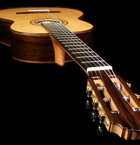 View from the headstock of a 2016 Bernd Martin "40th Anniversary" classical guitar made of spruce and CSA rosewood