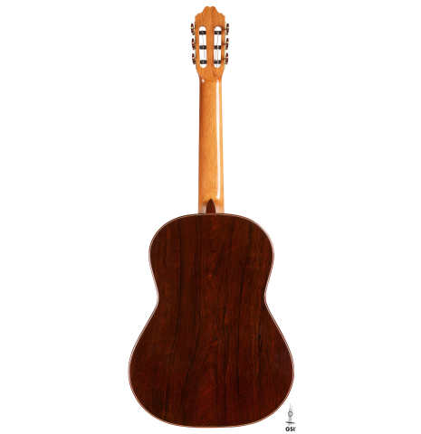The back of a 2013 Andres Marvi classical guitar made of cedar and CSA rosewood