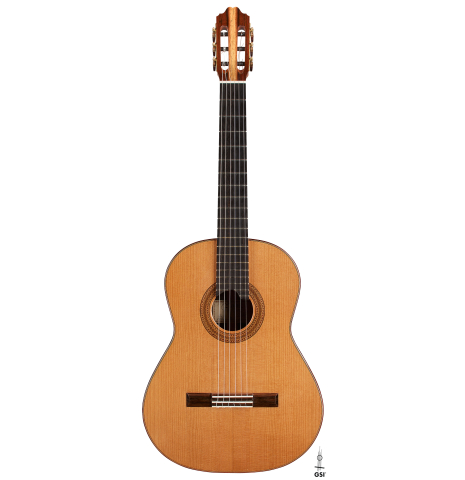 The front of a 2013 Andres Marvi classical guitar made of cedar and CSA rosewood