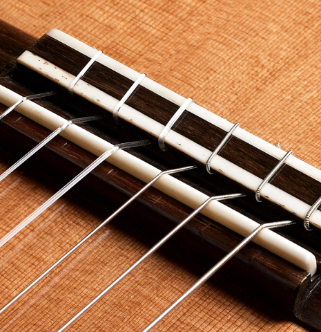 The bridge, tie-block and saddle of a 2013 Andres Marvi classical guitar made of cedar and CSA rosewood