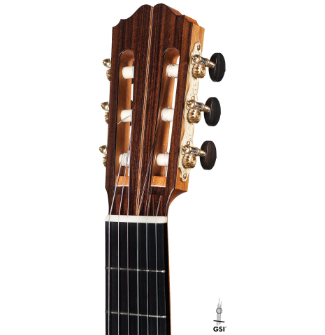 The headstock of a 2020 Daniele Marrabello "A Nina" classical guitar made of spruce and Indian rosewood
