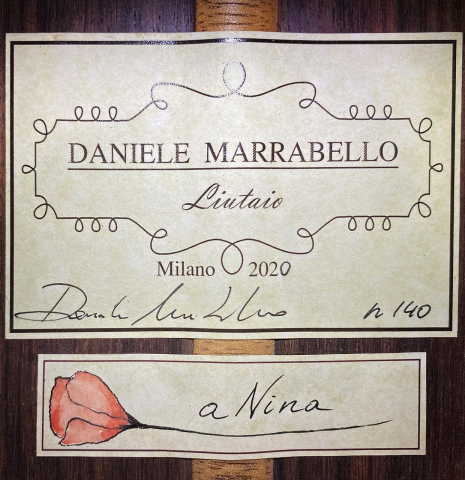 The label of a 2020 Daniele Marrabello "A Nina" classical guitar made of spruce and Indian rosewood