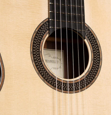 The soundboard of a 2020 Daniele Marrabello "A Nina" classical guitar made of spruce and Indian rosewood