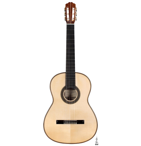 The front of a 2020 Daniele Marrabello "A Nina" classical guitar made of spruce and Indian rosewood
