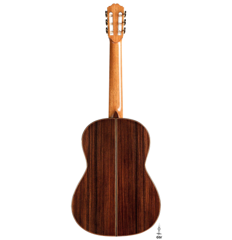 The back of a 2020 Daniele Marrabello "A Nina" classical guitar made of spruce and Indian rosewood