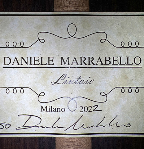A Label of a 2022 Daniele Marrabello guitar