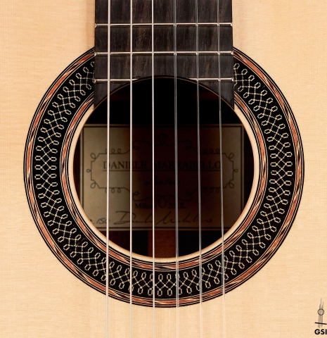 Rosette of a 2022 Daniele Marrabello guitar made with spruce and Indian rosewood