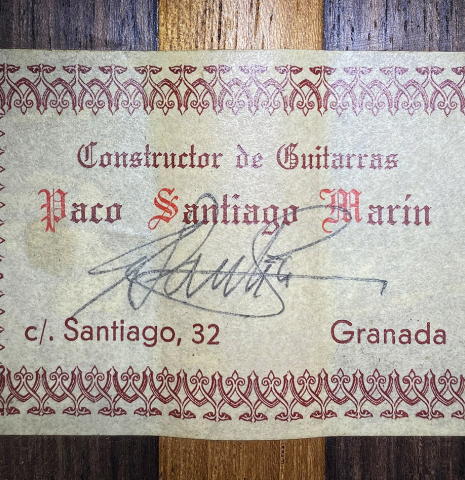 The label of a 1994 Paco Santiago Marin classical guitar made of cedar and Indian rosewood