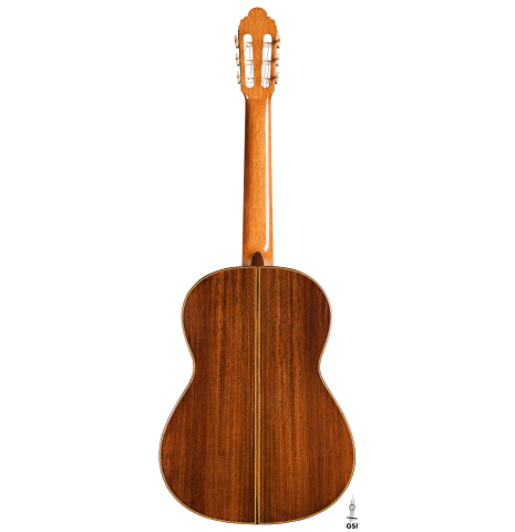 The back of a 1994 Paco Santiago Marin classical guitar made of cedar and Indian rosewood