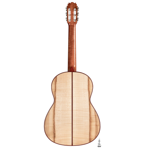 The back of a 2023 Lucas Martin #100 classical guitar made with spruce top and maple back and sides.
