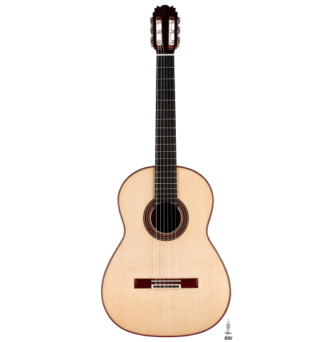 The front of a 2023 Lucas Martin #100 classical guitar made with spruce top and maple back and sides.