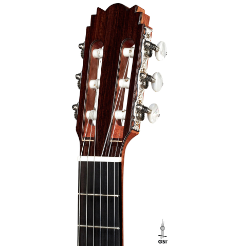 The headstock of a 2023 Lucas Martin #100 classical guitar made with spruce top and maple back and sides.