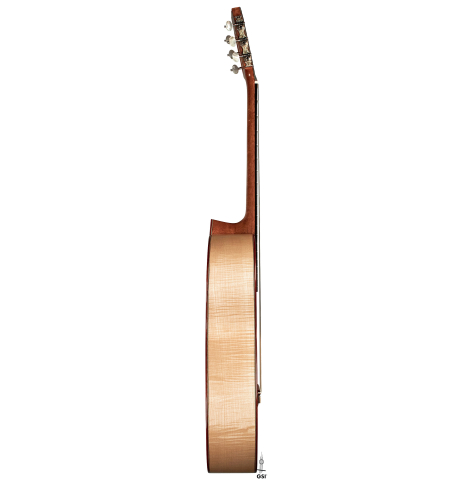 The side of a 2023 Lucas Martin #100 classical guitar made with spruce top and maple back and sides.