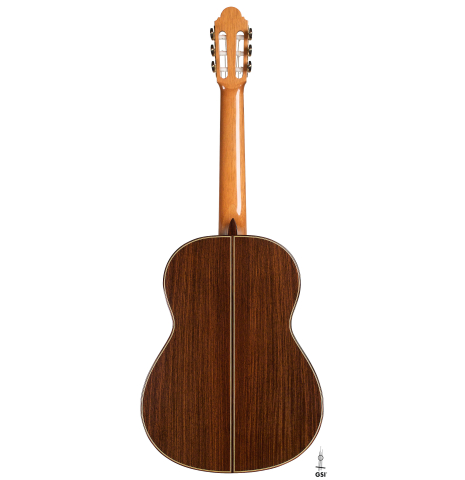 The back of a 2021 Antonio Marin Montero classical guitar made of spruce and Indian rosewood