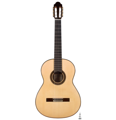 The front of a 2021 Antonio Marin Montero classical guitar made of spruce and Indian rosewood