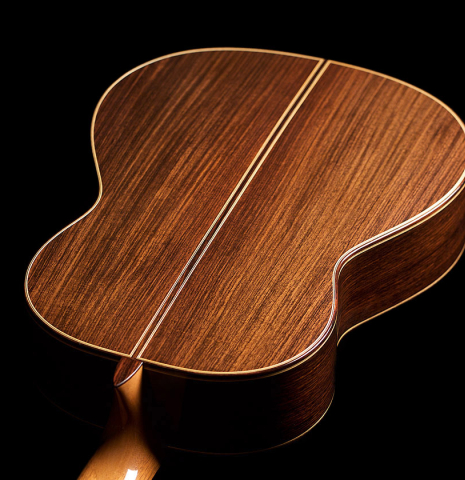 The back and sides of a 2021 Antonio Marin Montero classical guitar made of spruce and Indian rosewood