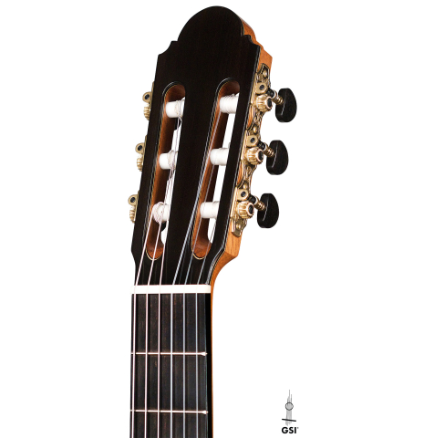 The headstock of a 2021 Antonio Marin Montero classical guitar made of spruce and Indian rosewood