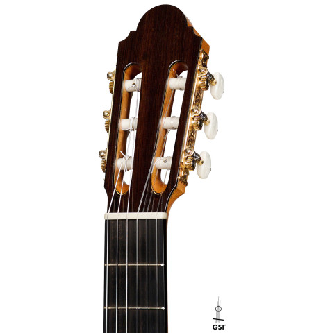 The headstock of a 2005 Antonio Marin Montero classical guitar made of spruce and CSA rosewood