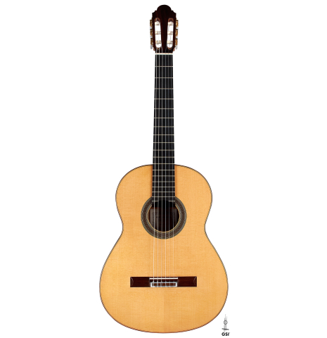 The front of a 1998 Antonio Marin Montero Spanish classical guitar made with spruce and CSA rosewood.