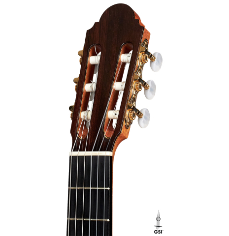 The headstock of a 1998 Antonio Marin Montero Spanish classical guitar made with spruce and CSA rosewood.