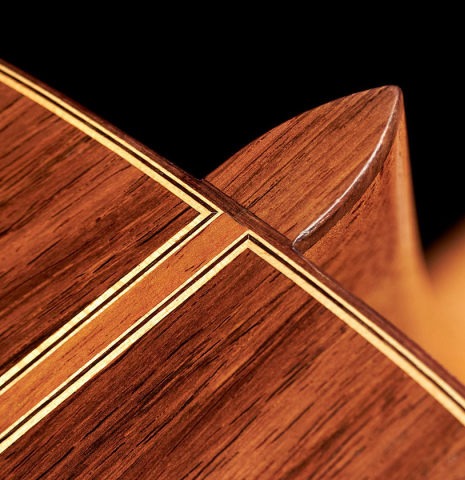 The heel of a 1998 Antonio Marin Montero Spanish classical guitar made with spruce and CSA rosewood.