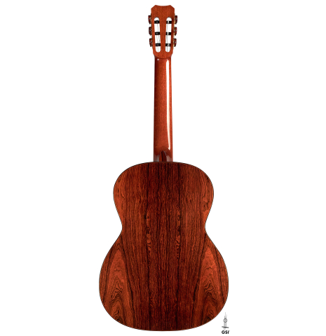 The back of a 2004 Simon Marty classical guitar made with spruce and CSA rosewood.