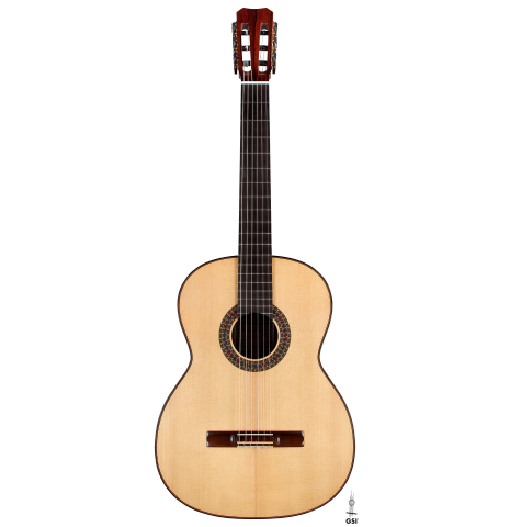 The front of a 2004 Simon Marty classical guitar made with spruce and CSA rosewood.