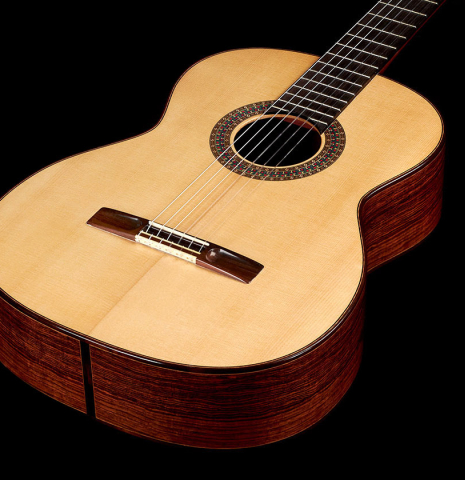 The soundboard of a 2004 Simon Marty classical guitar made with spruce and CSA rosewood.