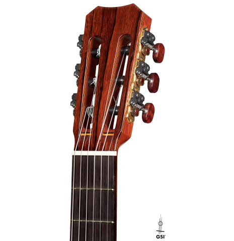 The headstock of a 2004 Simon Marty classical guitar made with spruce and CSA rosewood.