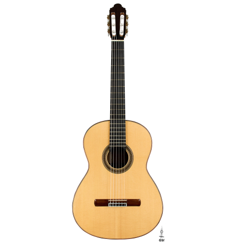 The front of a 2001 Paco Santiago Marin classical guitar made of spruce and CSA rosewood