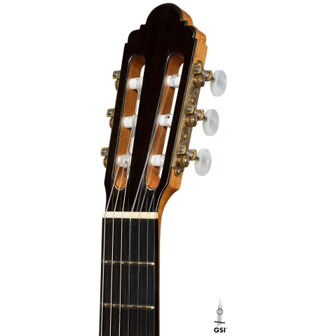 The headstock of a 2001 Paco Santiago Marin classical guitar made of spruce and CSA rosewood