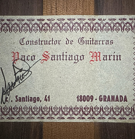 The label of a 2001 Paco Santiago Marin classical guitar made of spruce and CSA rosewood