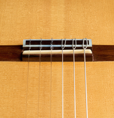 The bridge, tie-block and saddle of a 2001 Paco Santiago Marin classical guitar made of spruce and CSA rosewood