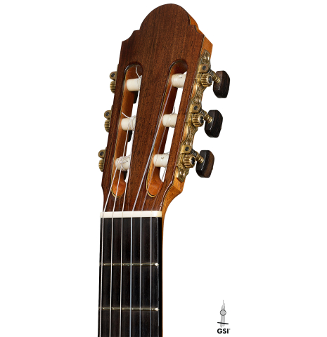 The headstock of a 2004 Antonio Marin Montero classical guitar made of spruce and CSA rosewood