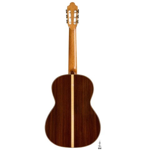 The back of a 2021 Paco Santiago Marin "50th Anniversary" classical guitar made of spruce and Indian rosewood