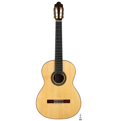 The front of a 2021 Paco Santiago Marin "50th Anniversary" classical guitar made of spruce and Indian rosewood