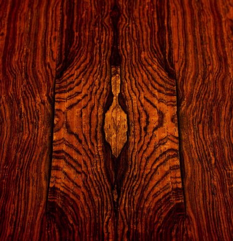 The dramatic grain patterns in the back of a 2006 Simon Marty (ex Scott Tennant) classical guitar made of spruce and cocobolo