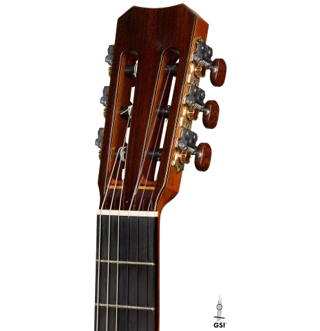 The headstock of a 2006 Simon Marty (ex Scott Tennant) classical guitar made of spruce and cocobolo