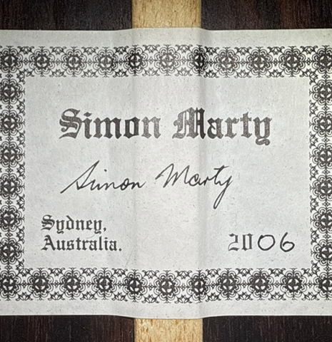 The label of a 2006 Simon Marty (ex Scott Tennant) classical guitar made of spruce and cocobolo