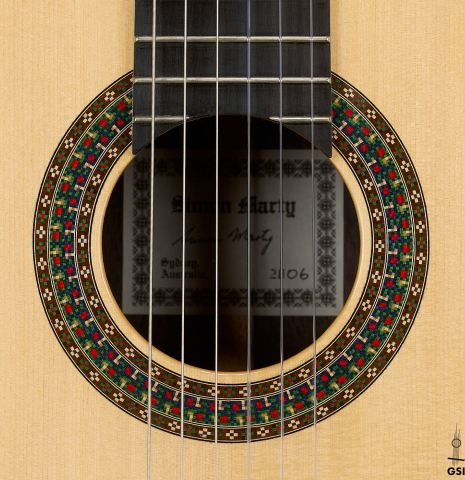 The rosette of a 2006 Simon Marty (ex Scott Tennant) classical guitar made of spruce and cocobolo