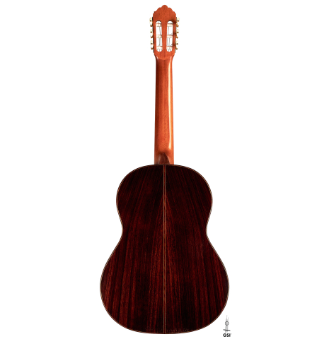 The back of a 2013 Robert Mattingly "Posthumous" classical guitar made of spruce and Indian rosewood