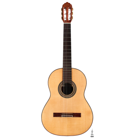 The front of a 2013 Robert Mattingly "Posthumous" classical guitar made of spruce and Indian rosewood