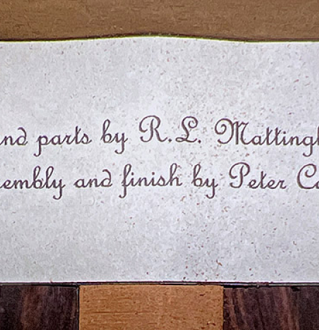The label of a 2013 Robert Mattingly "Posthumous" classical guitar made of spruce and Indian rosewood