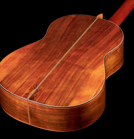 The back of a 1978 Robert Mattingly classical guitar made of cedar and CSA rosewood