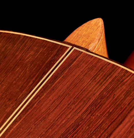 The back and heel of a 1978 Robert Mattingly classical guitar made of cedar and CSA rosewood