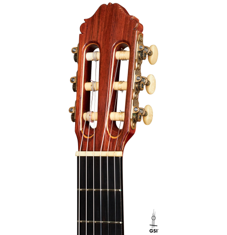 The headstock of a 1978 Robert Mattingly classical guitar made of cedar and CSA rosewood