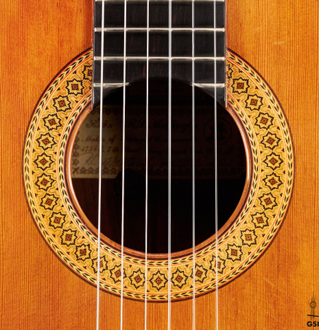 The rosette of a 1978 Robert Mattingly classical guitar made of cedar and CSA rosewood