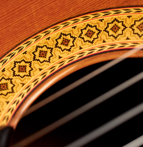 The rosette of a 1978 Robert Mattingly classical guitar made of cedar and CSA rosewood