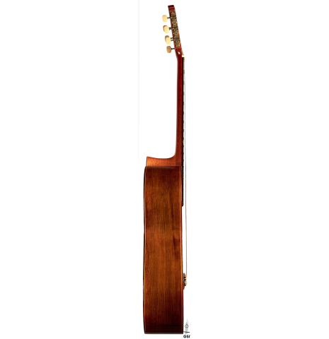 The side of a 1978 Robert Mattingly classical guitar made of cedar and CSA rosewood